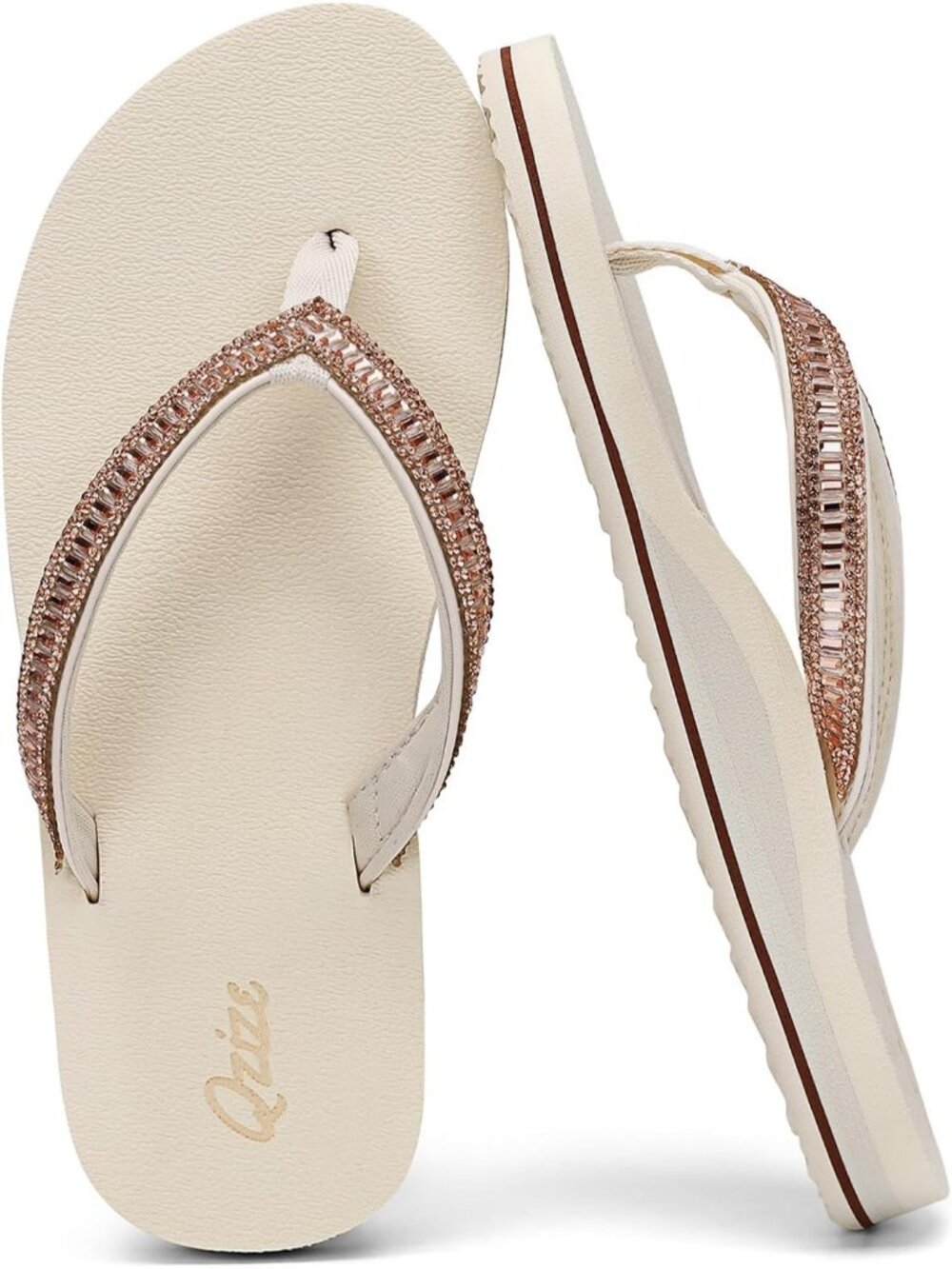 Women's Beige Summer Comfortable Flip Flops with Rhinestone Beach Thong Sandals